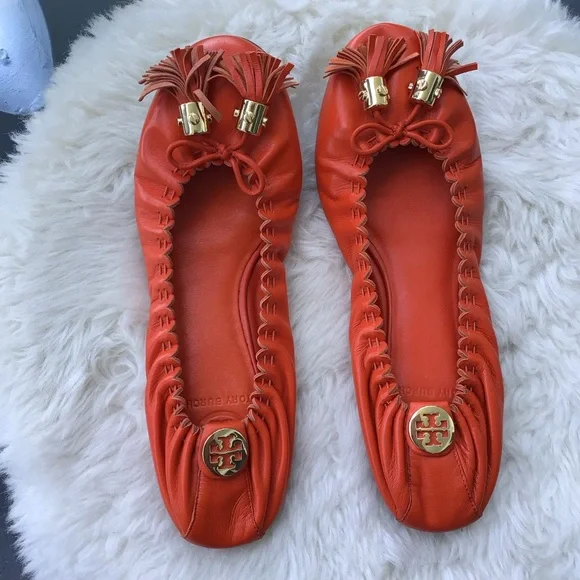 Tory Burch Brazen Burnt Orange Reese Mestico Leather Tasseled Ballet Flats - Picture 2 of 11